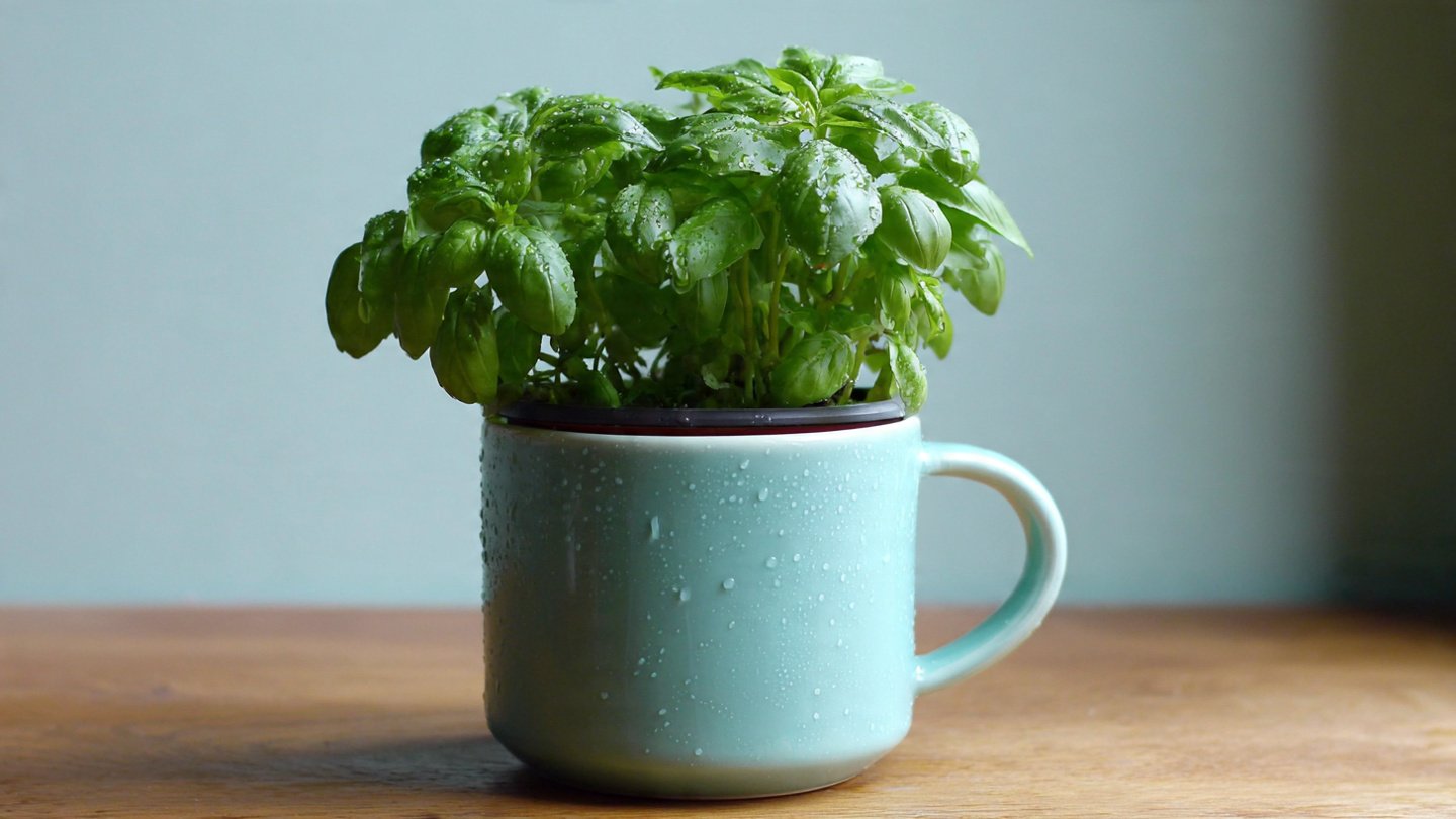 Keep basil alive indoors with the double pot water mug trick and one daily pinch